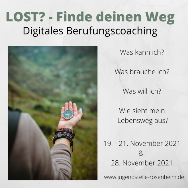Flyer zur Veranstaltung, Vorderseite mit einem Foto von einem Kompass in einer Hand