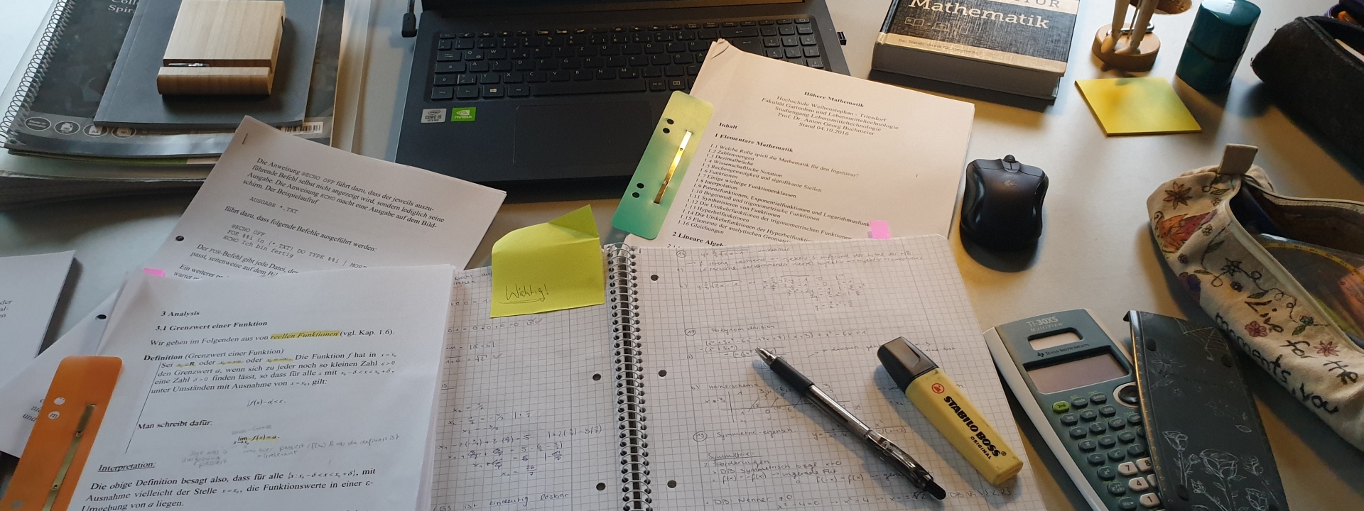 Foto, das einen Schreibtisch zeigt, auf dem sehr viele Notiz-Zettel, Skripte und andere Lernunterlagen liegen