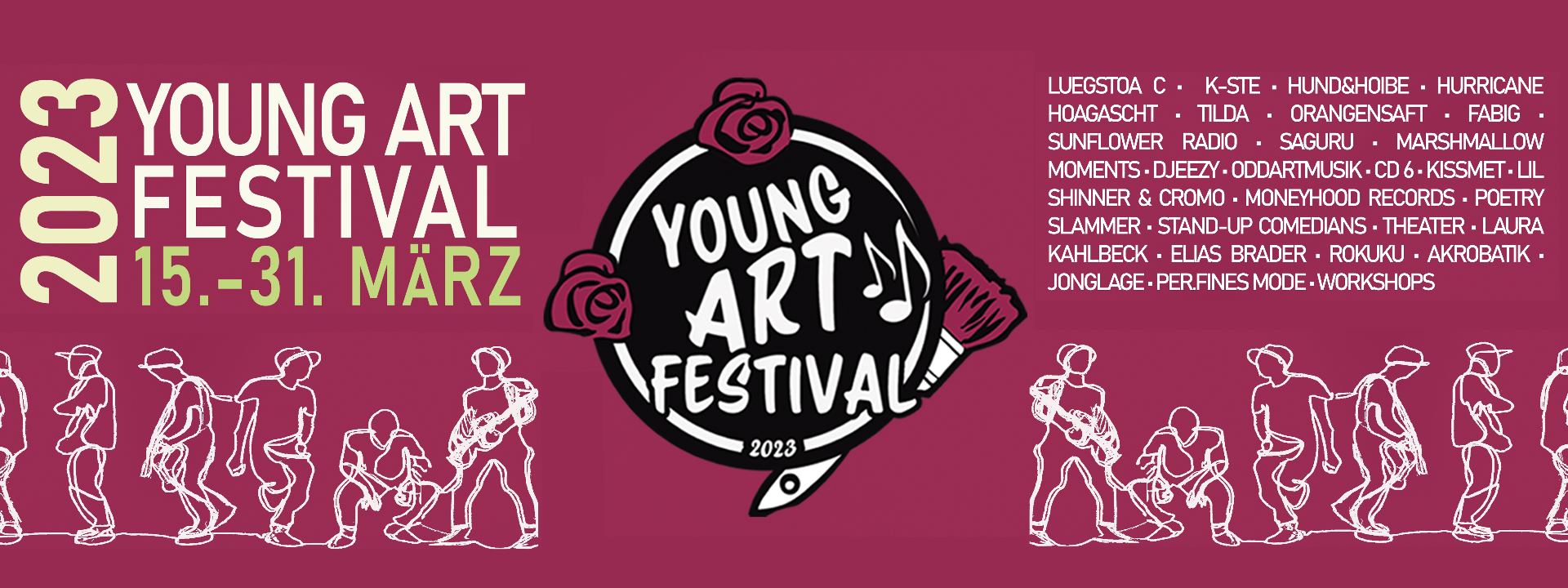 Logo und Datum des Young Art Festival + Aufzählung der Künstler*innen + Zeichnungen von jungen Menschen 