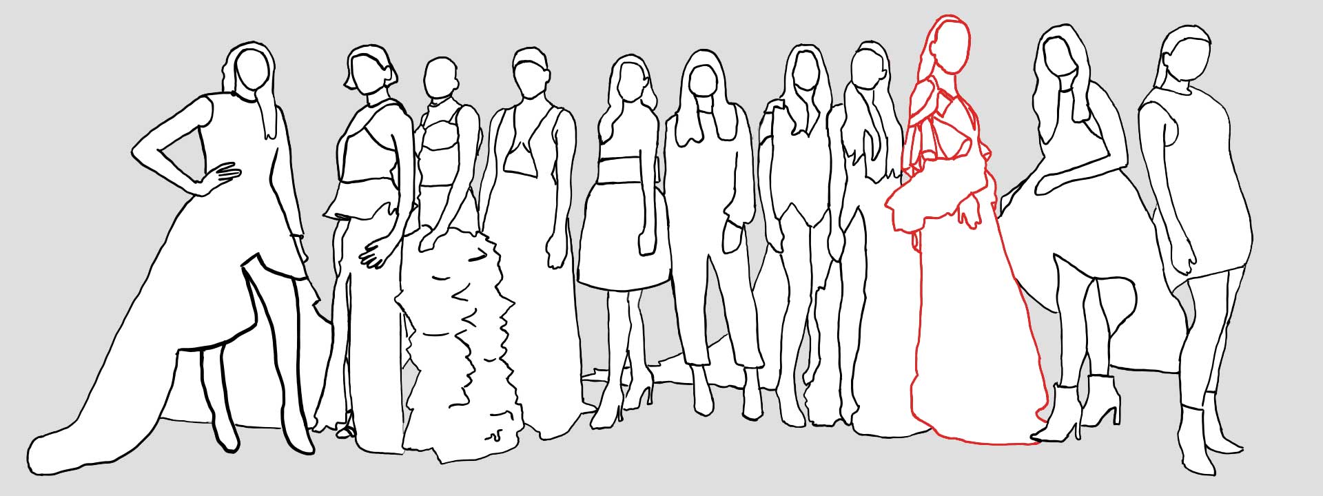 Zeichnung: 11 Silhouetten von Models in modischen Kleidern, die nebeneinander stehend posieren