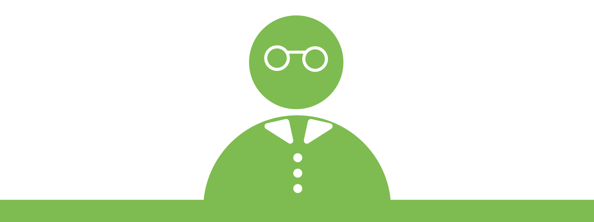 Grafik: eine grüne Figur mit Kragen, Knöpfen und Brille