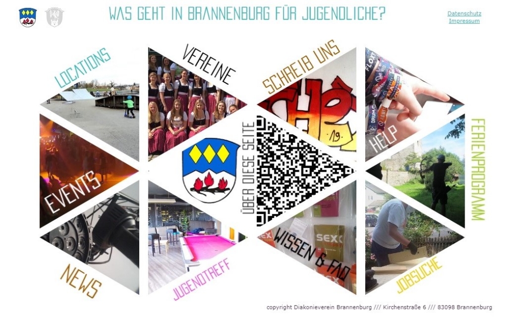 Screenshot der Homepage www.jugend-brannenburg.de mit Bildern und Schlagworten wie Vereine, Locations, Jugendtreff und Help
