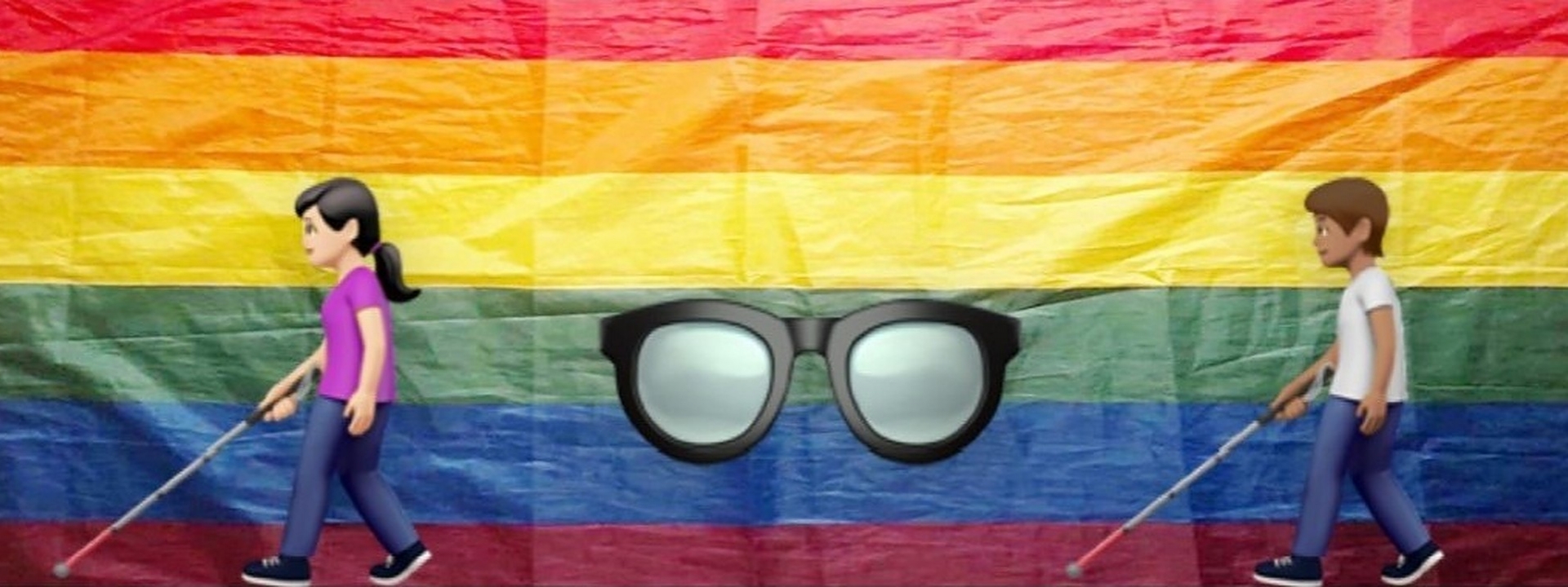Collage: Zwei Emojii-Figuren mit Blindenstock und eine große Brille vor einer fotografierten Regenbogenflagge