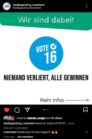 Instagram-Post des Stadtjugendrings Rosenheim. auf dem Bild wird Vote16 beworben und informiert, dass man beim SJR unterschreiben kann.