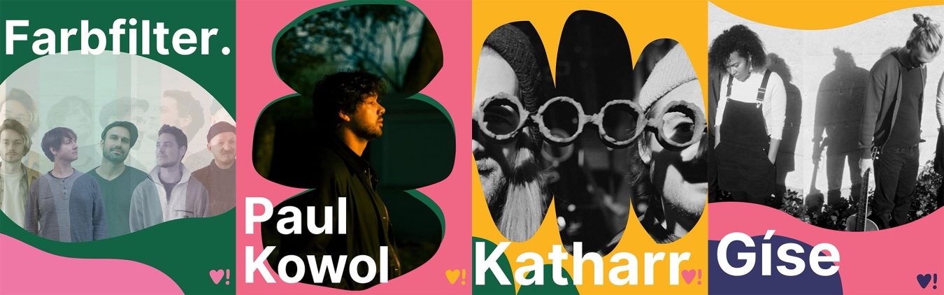 Das Bild zeigt 4 Bands/ Künstler aus dem Line-Up: Farbfilter, Paul Kowol, Katharr und Gise