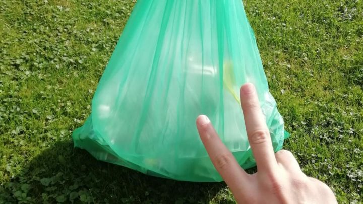 Foto: Zeige und Mittelfinger als V vor einem gefüllten grünen Müllsack