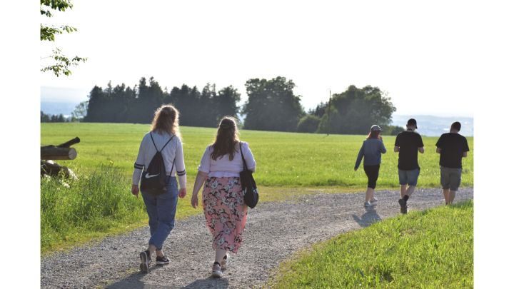 Foto: 5 Leute, welche von links nach rechts auf einem Schotterweg gehen. Um den Weg ist eine Wiese und im Hintergrund ein kleiner Wald