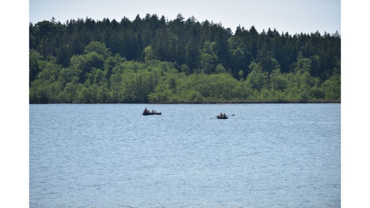 Foto: Zwei Ruderboote auf einem See. Im Hintergrund ist ein grüner Wald.