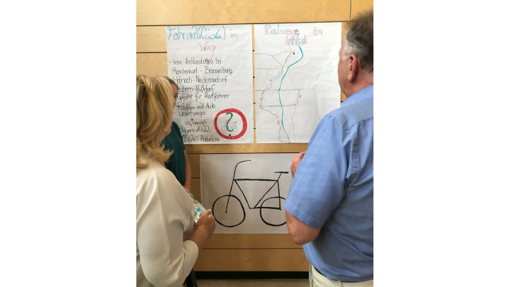 An der Wand hängen drei Poster, eins eine Karte mit Fahrradwegen, eins Vorschläge und das letzte ist eine Zeichnung von einem Fahrrad. Davor stehen drei Leute, zwei jung, einer älter.